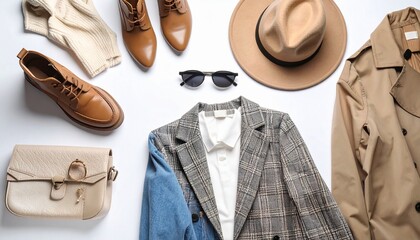 Flat lay of coordinated autumn fashion accessories and clothing in neutral tones on white background