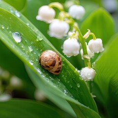 A delicate snail rests on a vibrant leaf, surrounded by dewy, white flowers.