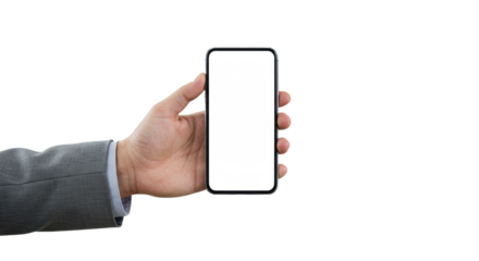 Clean gender-neutral hand with grey sleeve presents sleek smartphone with blank white screen, sharp focus, soft-focused modern office background, high-key aesthetic, digital potential