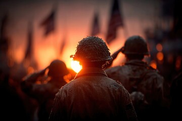 Veterans Day tribute scene with military personnel saluting at sunset, American flags waving in the background