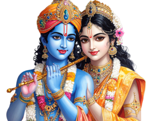  Traditional Indian Painting of Lord Krishna Playing Flute with Radha Beside Him, Vibrant Colors, Isolated on Transparent Background (3)