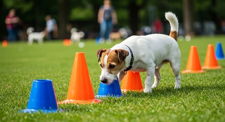 Jack Russell Terrier Dog Training with Cones on Green Grass.
