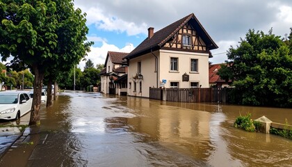 Fototapeta premium Flooded urban street with submerged building, trees, and signs under overcast sky