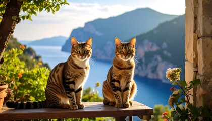 Two tabby cats sit serenely on a wooden surface, overlooking a stunning coastal view