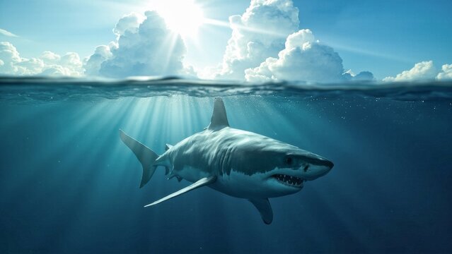 Thrilling Great White Shark in Sunlit Ocean Abyss4,3sy descripcion y tahs.
A jaw-dropping underwater scene featuring a powerful great white shark gliding through pristine, crystal-clear ocean depths, 