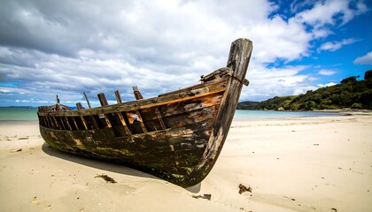 Weathered wooden boat rests on a sandy beach under a partly cloudy sky