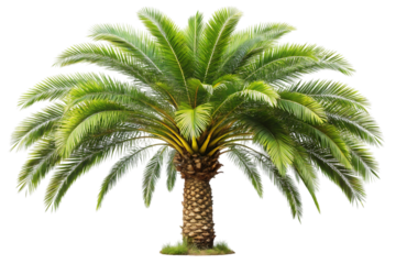 Large green palm tree with lush fronds and textured trunk on a black background tropical nature isolated on a transparent background