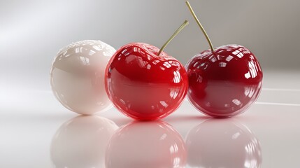 Three glossy cherries, one white and two red, reflecting light elegantly on a surface.