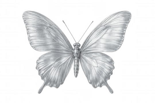 Highly detailed pencil drawing of a silver butterfly with open wings on a transparent background