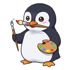 Cute Cartoon Penguin Artist Painting with Brush and Palette