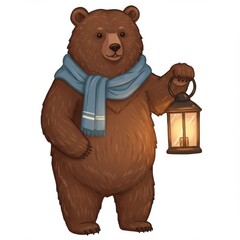 Brown Bear with Blue Scarf Holding a Lantern