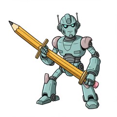 Teal Robot Holding Giant Pencil as Weapon