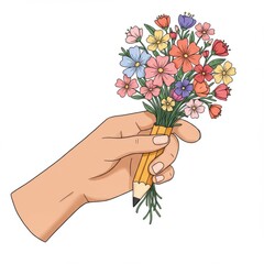 Hand Holding a Pencil Bouquet of Colorful Flowers