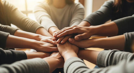Diverse hands coming together in circle showing unity and mental health support
