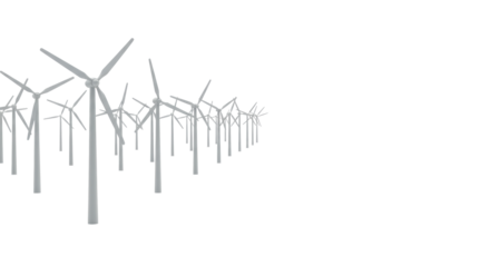 Geometrically precise diminishing row of modern minimalist light grey wind turbines with three blades, pristine bright white studio background, copy space. Concept of sustainable energy and