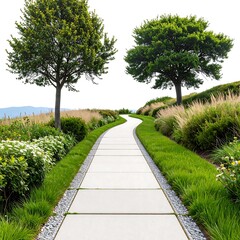A winding pathway leads through a meticulously landscaped garden, flanked by lush greenery and flowering plants, creating a serene and tranquil atmosphere.