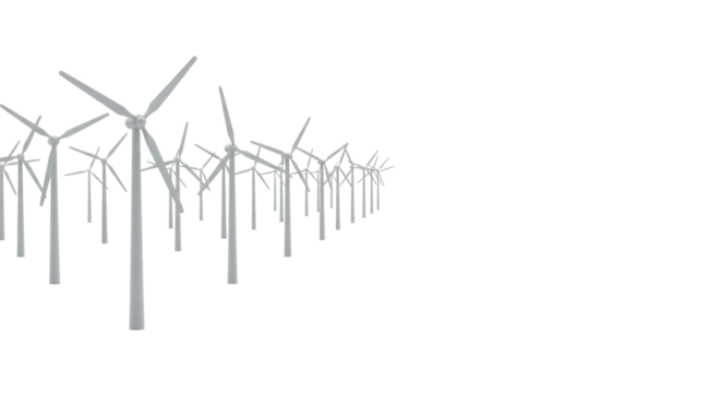 Geometrically precise diminishing row of modern minimalist light grey wind turbines with three blades, pristine bright white studio background, copy space. Concept of sustainable energy and
