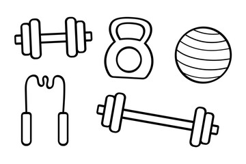 Hand drawn fitness equipment set with dumbbells kettlebell and exercise ball