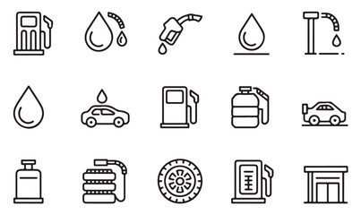 Fuel and service icons in outline style featuring petrol container, tire, gasoline nozzle, LPG tank, oil drop, and car wash for transport and energy design