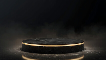 Obraz premium Black Marble Pedestal with Golden Rim, Dark Background (AI Generated)
