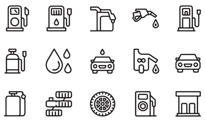 Outline icon set of fuel and service station elements including gasoline pump, jerrycan, car wash, wheel, and LPG cylinder in thin stroke illustration style