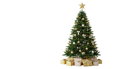A perfectly shaped, lush green fir Christmas tree with golden and white baubles, warm fairy lights, and gifts at base, on transparent studio background; holiday celebration atmosphere