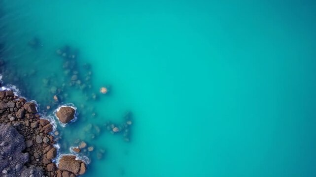 Aerial view from above on calm azure sea and volcanic rocky shores. Small waves on water surface in motion blur. Nature summer ocean sea beach background. Nobody. Holiday, vacation and travel concept