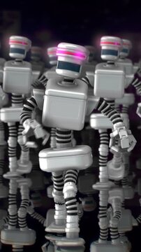Seamless vertical video animation of a army of walking robots . Funny futuristic sci-fi background.