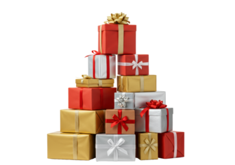Perfectly balanced pyramid of gold, silver & red gift boxes with ribbons on a transparent background, shadowless, eye-level medium shot, ample copy space. Concept of holiday generosity and celebration