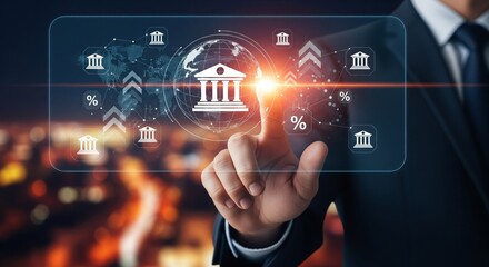 Banking in the Digital Age: A man's finger hovers over an interactive digital display symbolizing financial technology, banking infrastructure, and global economic networking.