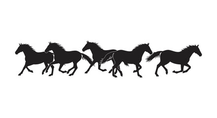 Five black horse silhouettes running in a line formation together