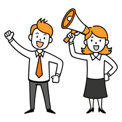 Cheerful Colleagues Making Announcements with Megaphones &ndash; Stylized Illustration
