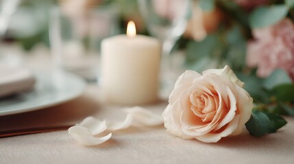Fototapeta premium Candle is lit on a table next to a rose