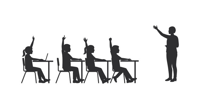 silhouette of students and teacher in a classroom setting with raised hands