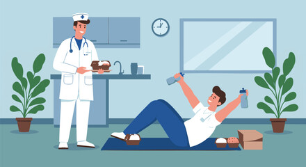 A personal nutritionist or doctor delivering a healthy diet meal plan to a man doing fitness exercises at home