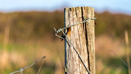 Rustic wooden post with barbed wire