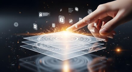Human finger touching glowing digital interface with abstract data streams and icons