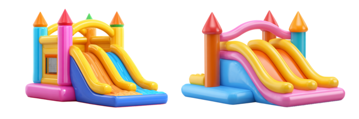 Two inflatable bounce houses with slides isolated on transparent background