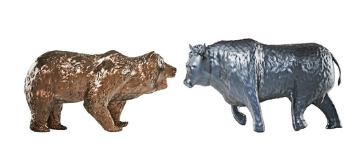 Bear and bull figures on transparent background. 3D illustration