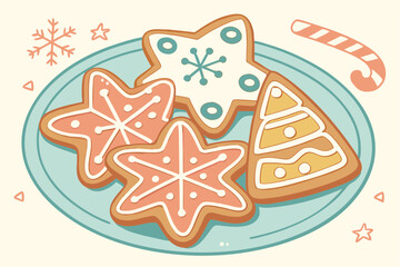 Gingerbread cookies illustration featuring festive shapes on a decorative plate with pastel accents