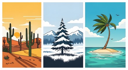 Fototapeta premium Vibrant desert sunset, serene snowy landscape, and idyllic tropical island paradise create a stunning triptych of natural beauty and contrasting environments