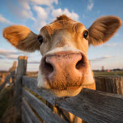 Obraz premium Close-up cow face and nose at rustic farm fence in golden hour light