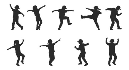 Silhouettes of people dancing in various poses and movements together