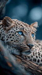 Obraz premium Leopard cub resting on a log with bright blue eyes in natural safari portrait