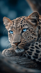 Fototapeta premium Leopard cub resting on a log with bright blue eyes in natural safari portrait
