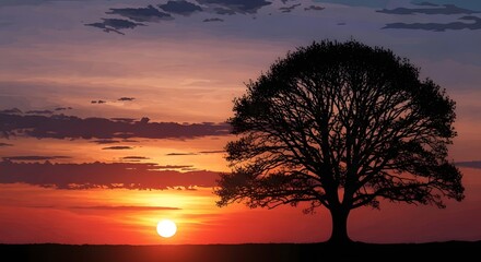 Fototapeta premium Majestic lone tree silhouetted against a breathtaking vibrant sunset sky, casting warm golden hues and dramatic clouds across the serene landscape evoking peace and natural beauty