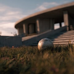 A weathered soccer ball rests gently on a grassy field in front of a muted, architectural structure.