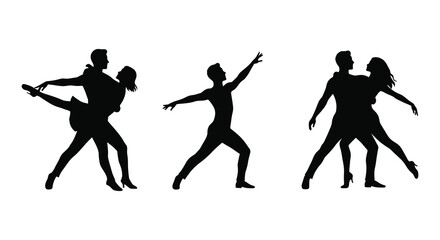 Silhouettes of people dancing in various poses on white background