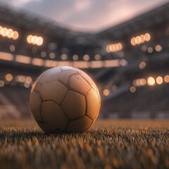 A weathered soccer ball rests on the field, illuminated by stadium lights at twilight.