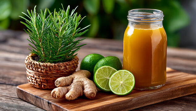 Ginger juice and limes on board. A jar of ginger juice sits alongside fresh limes and a ginger root on a wooden cutting board near a plant. - Powered by Adobe